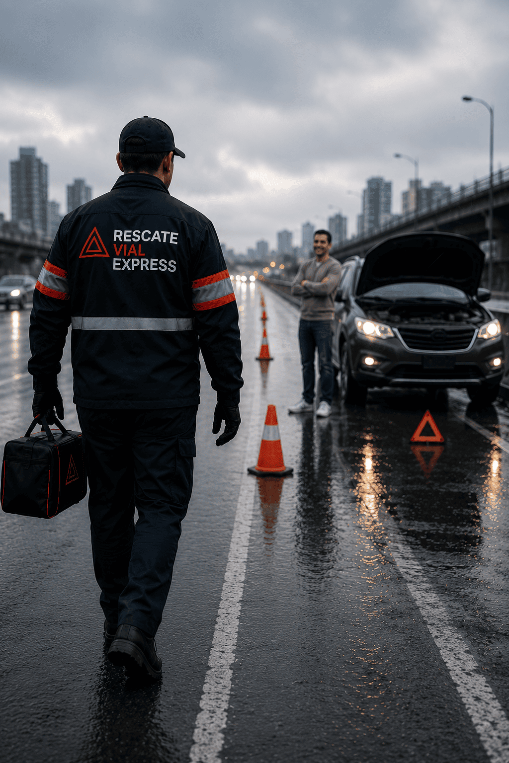 Técnico de auxilio vial atendiendo una emergencia